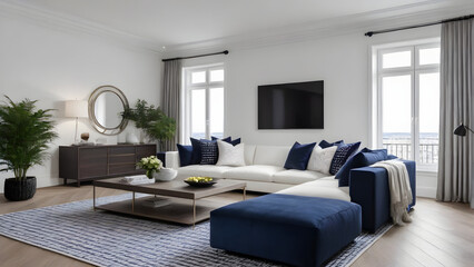 Fototapeta premium Navy and white color living room interior AI generated