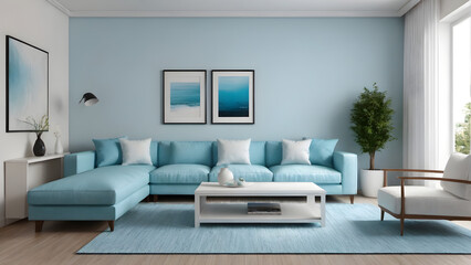 modern living room interior with sofa inspired by skyblue and white color AI generated