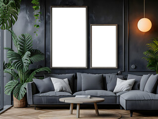 minimalist style children's study room apartement space morningday with black walls,green plants, cozy sofa with Interior Mockup with two white photo frame in the background