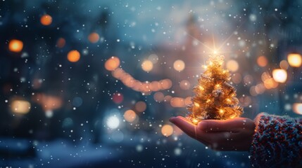 Hand holding a small illuminated Christmas tree against a snowy night backdrop. - obrazy, fototapety, plakaty