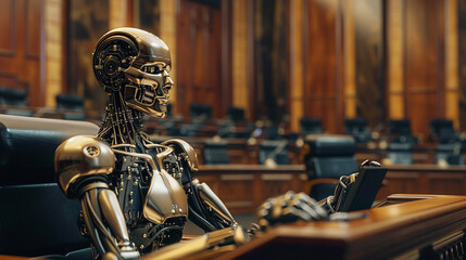 A robot sitting in a courtroom