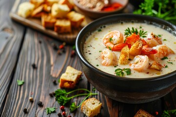 Shrimp and crouton vegetable soup in bowl on wooden background with space for text