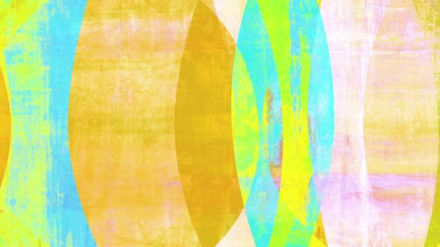 Retro mid-century abstract yellow pop art background loop. Moving shapes with grunge effects. Layered textures.