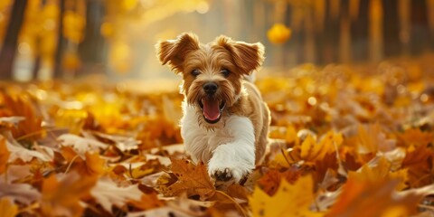 Joyful small dog running through a golden autumn landscape, leaves scattering in the playful chase.