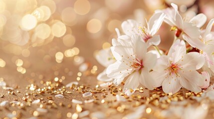 Delicate cherry blossoms in full bloom with sparkling golden glitter on a dreamy bokeh background.