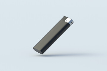 Falling lighter for cigarette on gray background. Smoker accessories. Disposable flammable equipment. 3d render