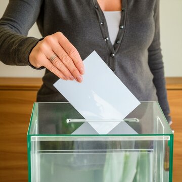 main avec un bulletin de vote sur une urne en ia