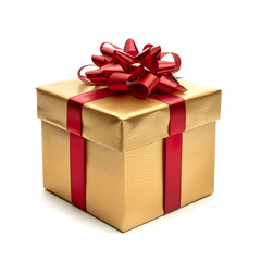 Obraz premium Golden gift box with a red ribbon bow on a white background 