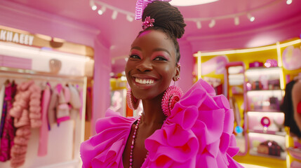 Vibrant Fashion Blogger in Pink Attire with Joyful Expression