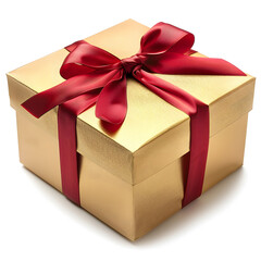 Obraz premium Golden gift box with a red ribbon bow on a white background 