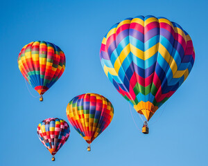 Naklejka premium Hot air balloons in various colors floating in a clear blue sky.