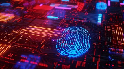 Glowing fingerprint on a high-tech blue circuit board for cybersecurity.