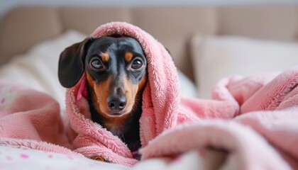 Sleeping black and tan dachshund in pink pajamas or bathrobe under blanket at home after shower