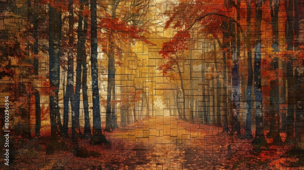 Poster an autumn forest with the addition of a mosaic tile overlay giving the photo a vibrant and textured 