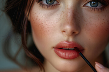 Makeup artist applies lipstick. Beautiful woman face. -