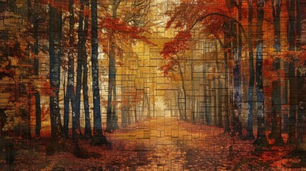 An autumn forest with the addition of a mosaic tile overlay giving the photo a vibrant and textured look..