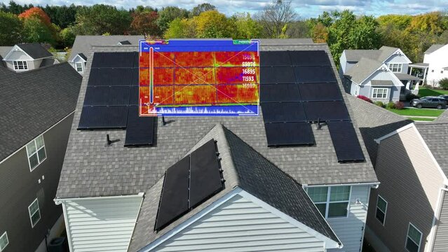 Thermal heat map animation over solar panels on shingle roof. Aerial shot in American neighborhood with renewable energy source. Monitoring and analyzing solar array efficiency.