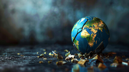 Cracked earth globe on a dark background.