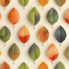 A collection of leaves in various colors, including green, red, and yellow. The leaves are arranged in a pattern, with some overlapping and others standing alone. Generative Ai