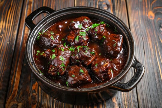 Slow cooked oxtail in red wine sauce traditional Spanish dish closeup on wooden table