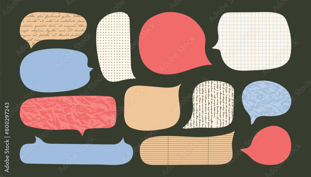 Poster set of collage paper cut elements of speech bubbles. cloud textbox set of notebook sheet. simple tex