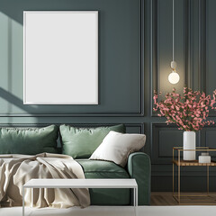 minimalist style bedroom apartement space morningday with green dark walls,green plants, cozy sofa with Interior Mockup with one white photo frame in the background