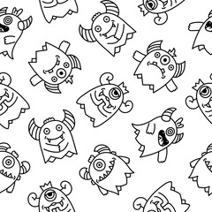 Cute kawaii monster. Seamless pattern. Coloring Page. Cartoon scary funny Halloween character. Hand drawn style. Vector drawing. Design ornaments.