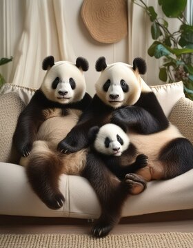 petite famille de panda sur un canapé dans un salon cosy en ia