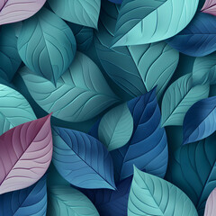 A blue and purple leafy background with a few green leaves. The leaves are in different sizes and are scattered throughout the background. Generative Ai