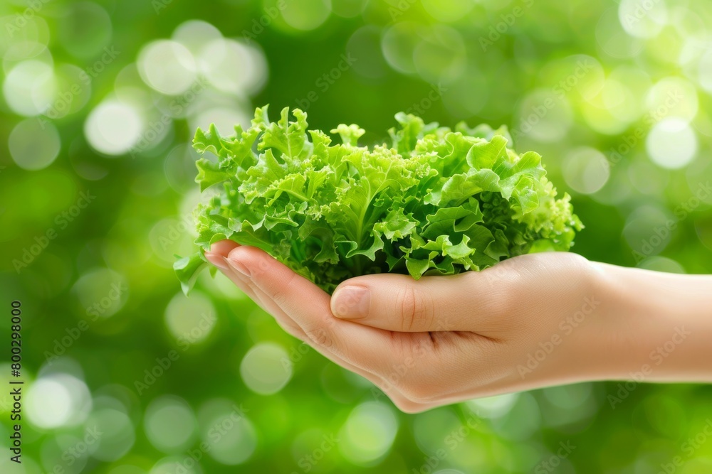 Poster assorted lettuce varieties held in hand on blurred background with space for text