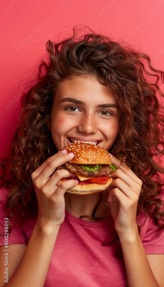 Poster girl enjoying tasty burger in portrait on soft color background with space for text