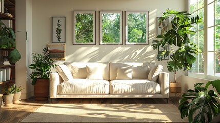Fototapeta premium Fabric Sofa Family Time: A 3D vector illustration featuring a fabric sofa as the focal point of a family room