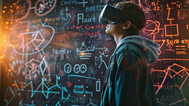 Young Student Engaging in Virtual Reality Learning Against Mathematical Blackboard - Powered by Adobe