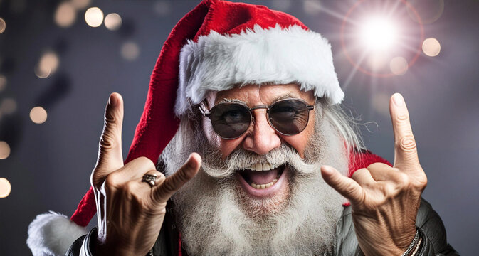 Close-up and front view of a cool Santa Claus making a heavy-metal gesture and looking at camera. Rock Christmas concept. Generative Ai.