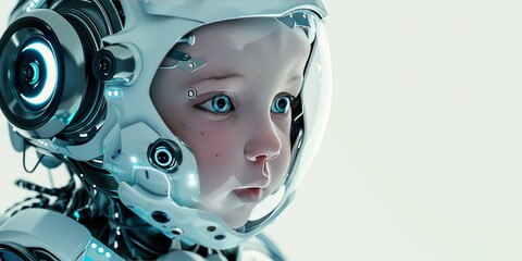 A cyborg Baby robot, illustration, blending human and machine elements, showcasing the fusion of technology