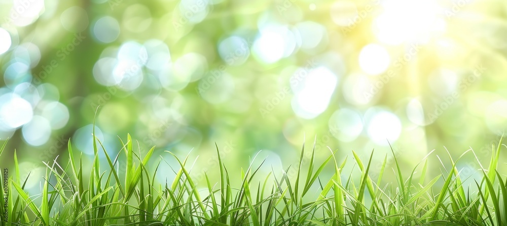 Poster blurred spring meadow with sunny gradient sky and green grass bokeh for serene background