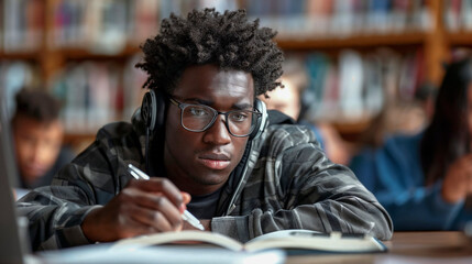 Concentrated African American male student studying with headphones in a library.