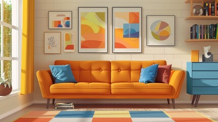 Living Room Sofa Color: A vector illustration showcasing the impact of sofa color on a living room's ambiance
