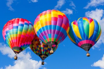 Fototapeta premium Colorful hot air balloons drift gracefully over the breathtaking mountain scenery