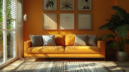 Living Room Sofa Cozy: A 3D vector illustration of a cozy sofa in a warm and inviting living room