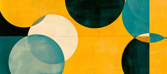 Capture a geometric design featuring large circles and crisscrossing lines in a lively palette of yellow and teal, resembling an energetic, high-definition wallpaper