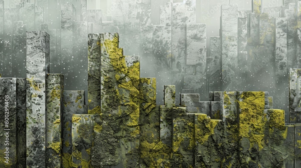 Poster an abstract digital illustration of a city skyline where the buildings are rep with layers of lichen