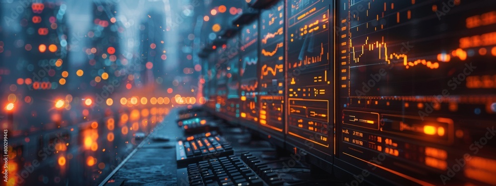 Poster a bustling cryptocurrency exchange with traders monitoring computer screens displaying digital curre