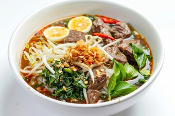 Vietnamese spicy noodle soup with beef and pork served with vegetables and lemon on white background
