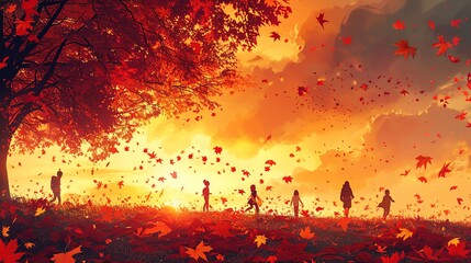 Whimsical autumn scene with children playing in a leaf-strewn park, sunset in the background, vivid tones