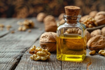 Walnut oil in glass bottle whole peeled walnut kernel with thin shell on wooden background Brain healthy food Fresh walnuts concept