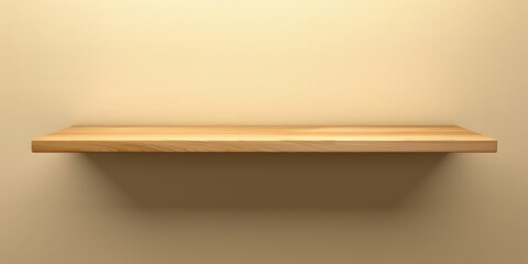 A simple wooden shelf mounted on a plain beige wall with a shadow underneath.