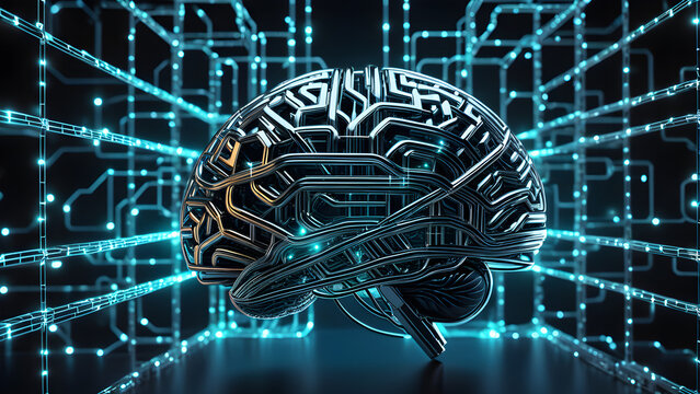 Machine learning concept wallpaper, Artificial intelligence brain, head with binary code background, AI generated