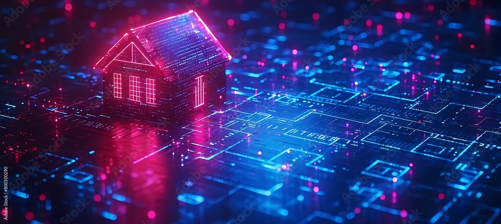 Poster futuristic integration: expansive ultrawide presentation illustrating iot home concept and control i