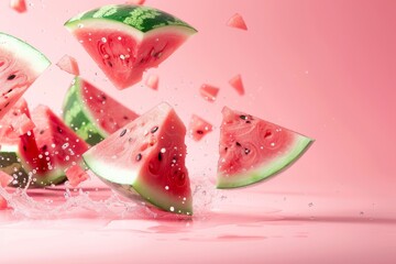 Watermelon slices falling on pink background